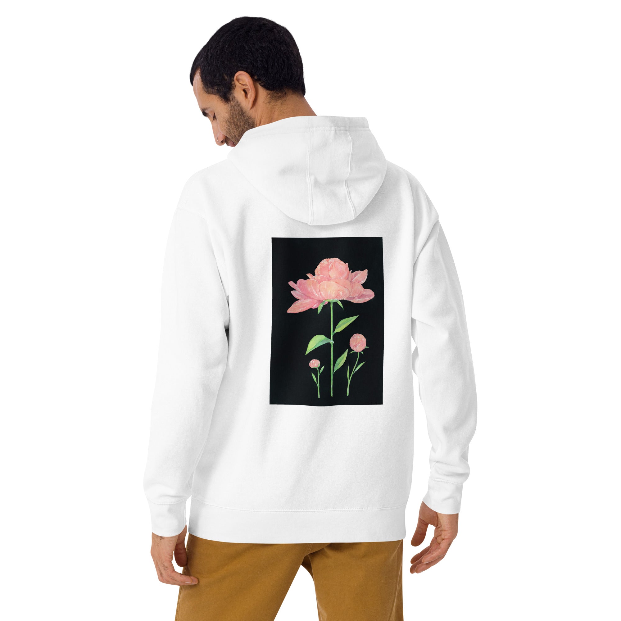 Pink peonies. Man