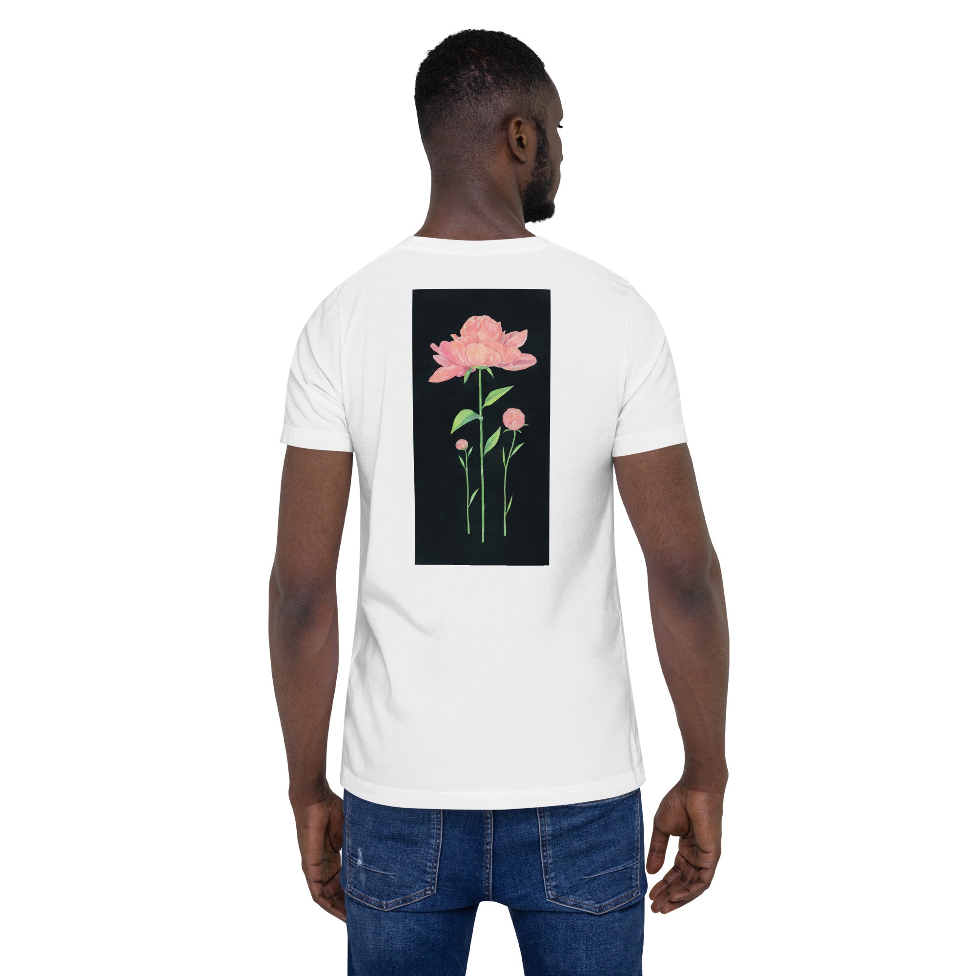 Pink peonies. Man