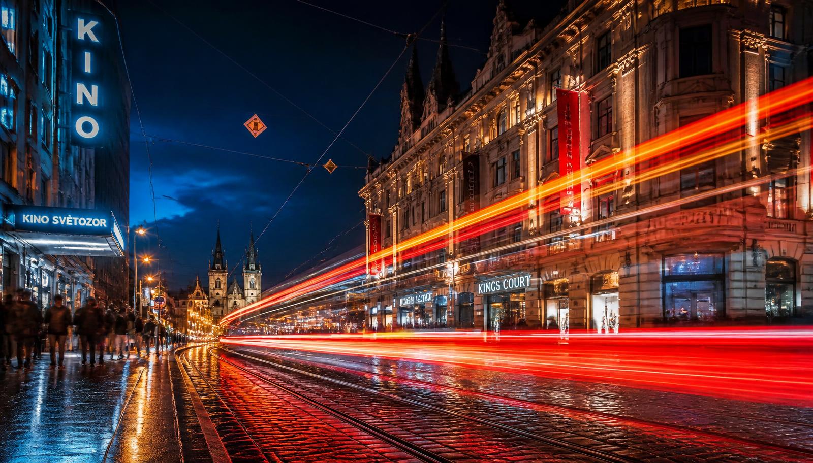 Prague tram tracks at night