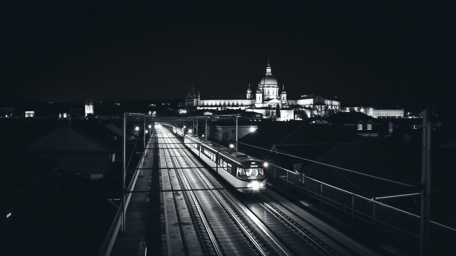 Prague tram tracks at night