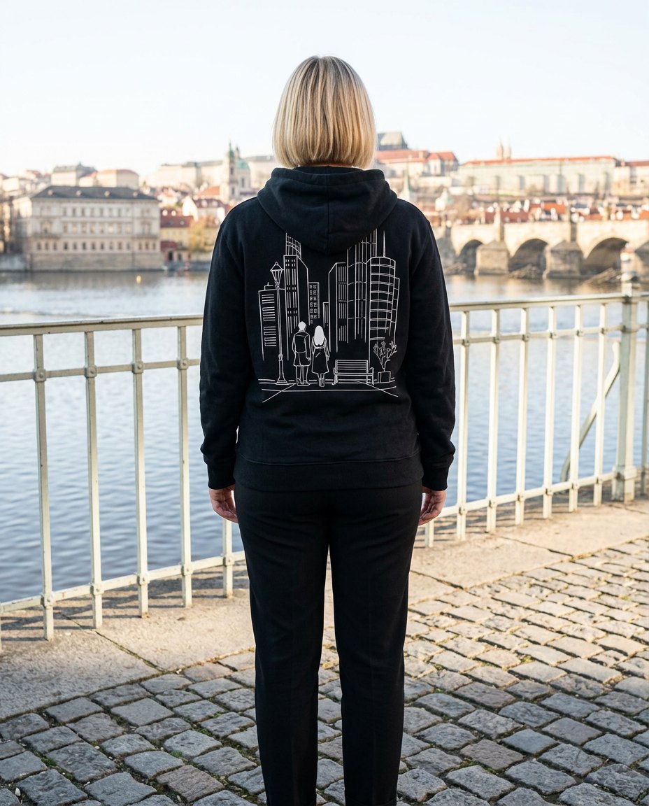 Žena v černé mikině Městské Linie s bílou kresbou na zádech