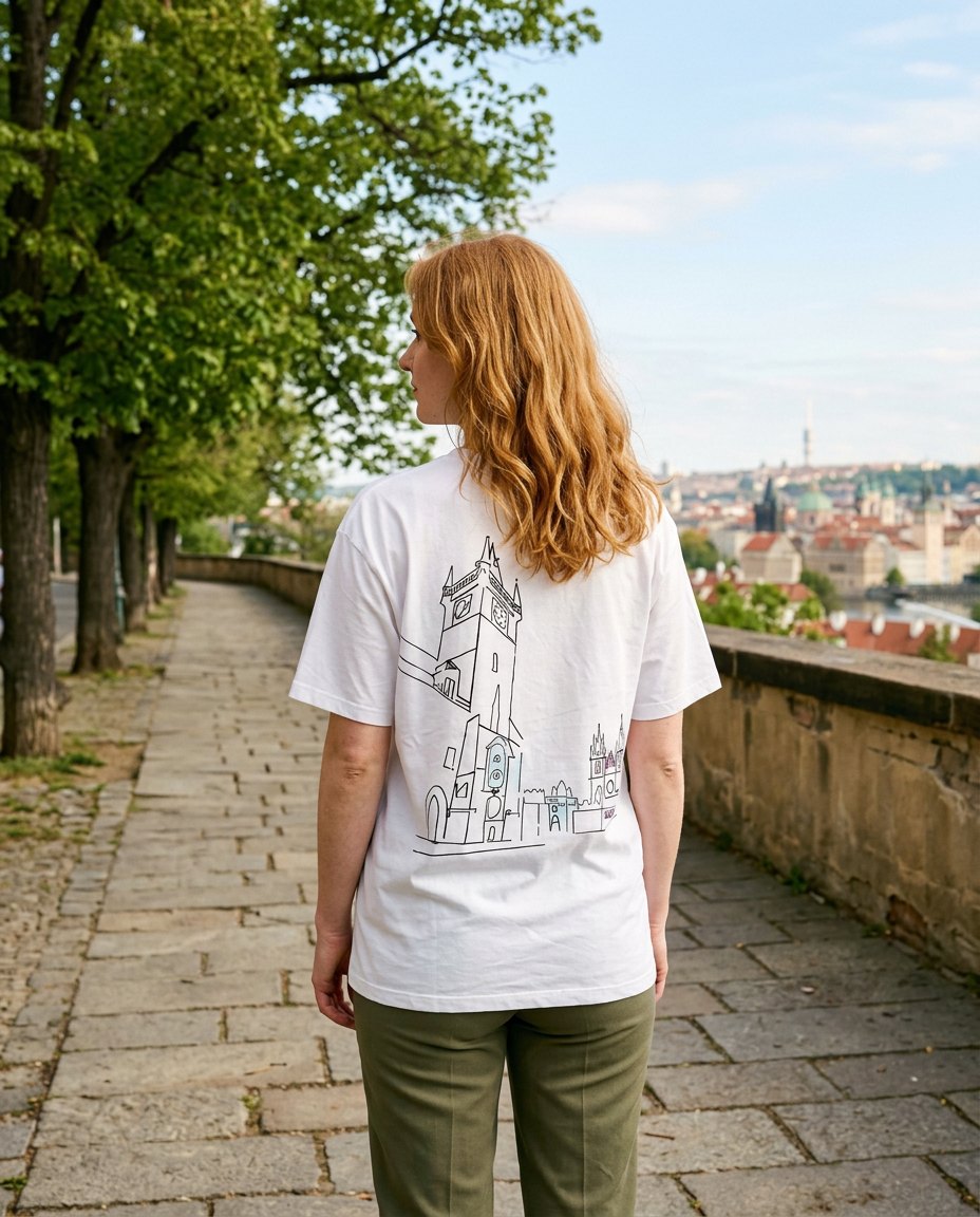 Žena v bílém tričku Orloj s perokresbou na zádech v Praze