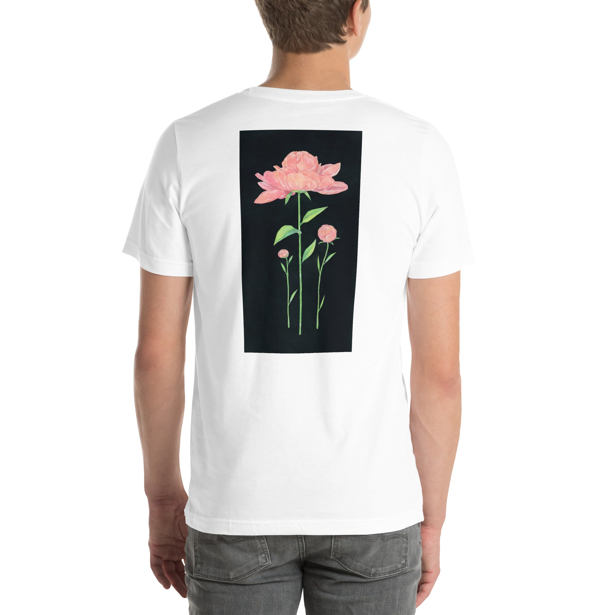 Pink peonies. Man