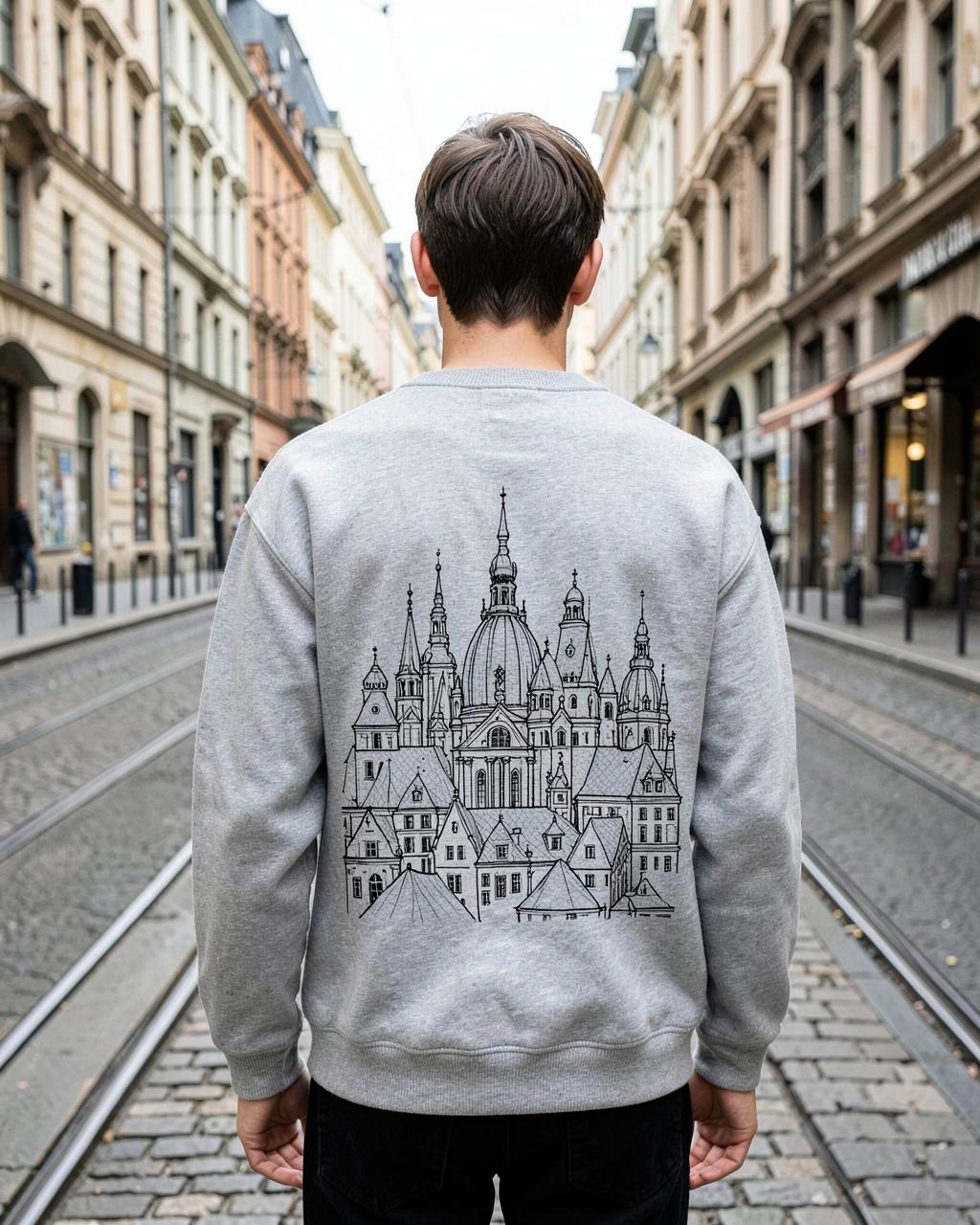City Lines Sweatshirt — na modelovi v pražské ulici | CITY IN PRAGUE