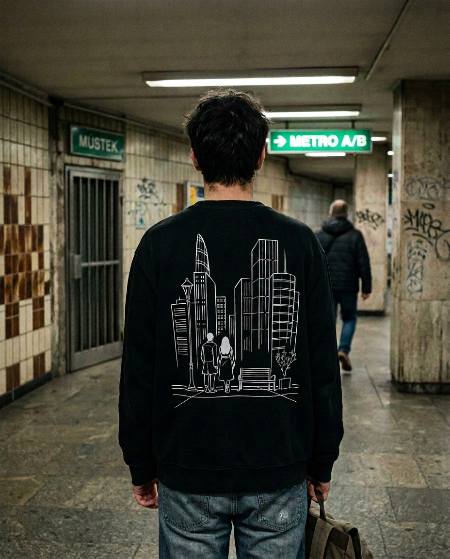 Černá mikina s bílou kresbou města na zádech, metro Můstek