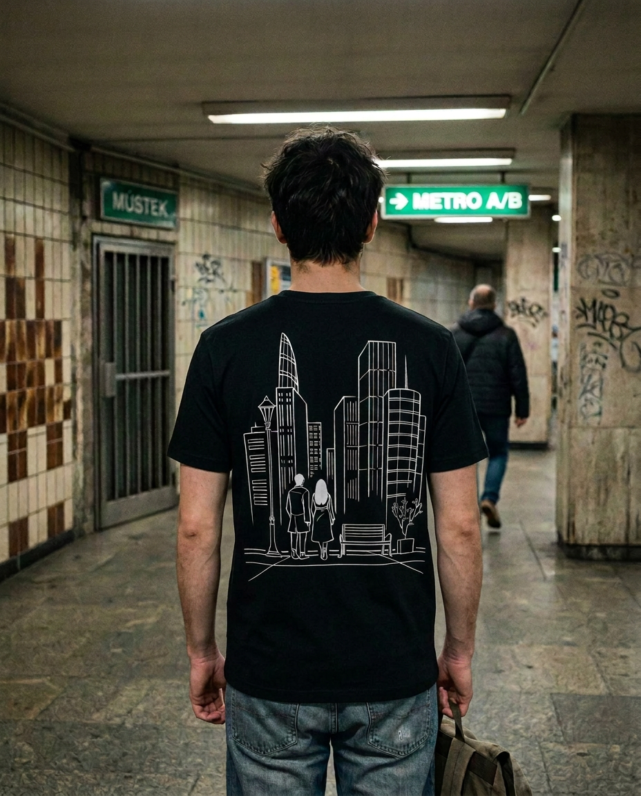 Černé tričko s perokresbou pražské ulice na zádech, metro Můstek