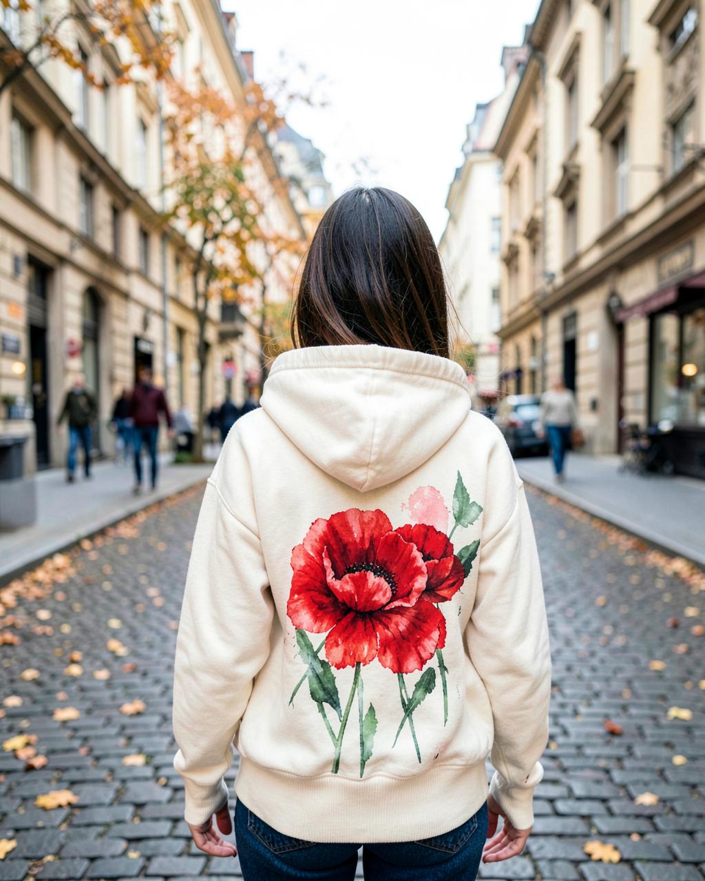Poppies Hoodie — na modelovi v pražské ulici | CITY IN PRAGUE